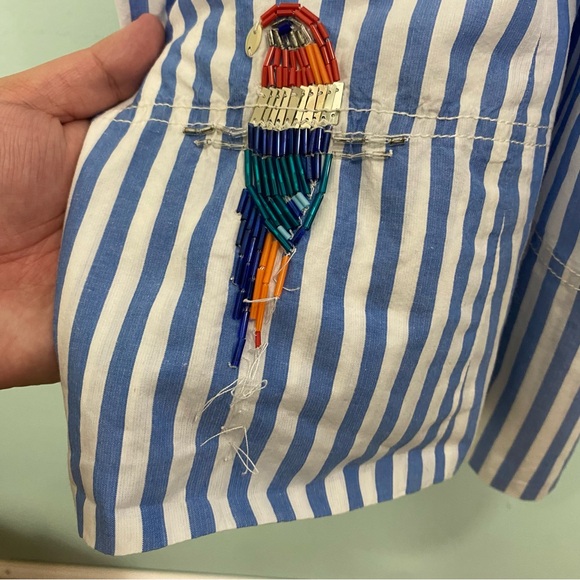 Anthropologie Maeve Tie Back A Line Maxi Dress Striped Blue Beaded Birds 22W - Picture 8 of 16